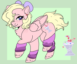 Size: 914x766 | Tagged: safe, artist:jadedmelody613, oc, oc only, oc:strawberry swing, pegasus, pony, bow, chest fluff, female, freckles, green background, hair bow, hair over one eye, heart eyes, leg warmers, looking at you, mare, raised hoof, shoulder freckles, simple background, smiling, solo, unshorn fetlocks, wingding eyes