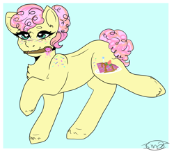 Size: 1429x1268 | Tagged: safe, artist:jadedmelody613, oc, oc only, oc:funfetti confetti, earth pony, pony, blue background, chest fluff, female, freckles, heart eyes, mare, mouth hold, raised hoof, shoulder freckles, signature, simple background, solo, spoon, unshorn fetlocks, wingding eyes