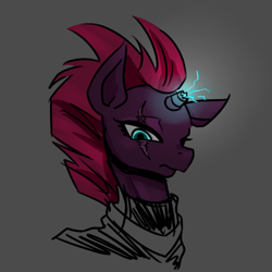 Size: 1000x1000 | Tagged: safe, artist:raika0306, tempest shadow, pony, unicorn, my little pony: the movie, armor, body armor, broken horn, bust, eye scar, female, gray background, head, magic, mare, scar, simple background, solo, sparking horn