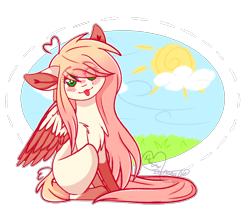 Size: 3018x2482 | Tagged: safe, artist:honeybbear, oc, oc only, oc:akarui sakura, pegasus, pony, colored wings, female, high res, mare, multicolored wings, sitting, solo, tongue out