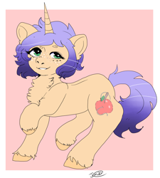 Size: 1854x2060 | Tagged: safe, artist:jadedmelody613, oc, oc only, oc:chiffon melrose, pony, unicorn, chest fluff, ear fluff, female, freckles, looking at you, mare, pink background, raised hoof, signature, simple background, smiling, solo, unshorn fetlocks