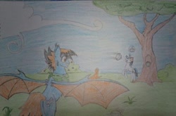 Size: 1739x1146 | Tagged: safe, oc, oc only, oc:blue pixel, bat pony, cutie mark, food, pie, prank, talons, traditional art, tree