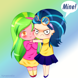 Size: 1200x1200 | Tagged: safe, artist:electricshine, indigo zap, lemon zest, equestria girls, friendship games, blushing, chibi, clothes, cute, dialogue, eyeshadow, female, goggles, gradient background, headband, lemonzap, lesbian, long hair, looking at you, makeup, mine!, one eye closed, possessive, protecting, shipping, shoes, skirt, smiling, socks, speech bubble