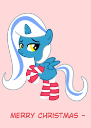 Size: 1000x1414 | Tagged: safe, artist:riofluttershy, oc, oc only, oc:fleurbelle, alicorn, pony, adorabelle, alicorn oc, christmas, clothes, cute, female, filly, holiday, socks, striped socks