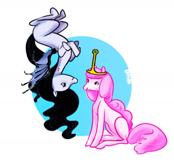 Size: 1600x1510 | Tagged: safe, artist:opalacorn, pony, adventure time, crossover, marceline, ponified, princess bubblegum, scene interpretation