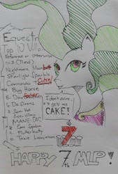 Size: 1836x2723 | Tagged: safe, artist:arcanelexicon, mane-iac, cake, food, happy birthday mlp:fim, inktober, mlp fim's seventh anniversary, solo, traditional art