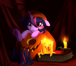 Size: 1186x1028 | Tagged: safe, artist:taneysha, twilight sparkle, pony, book, candle, clothes, costume, cute, female, halloween, halloween costume, holiday, jack-o-lantern, mare, pumpkin, solo, stuck, twiabetes, unamused, underhoof