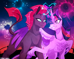 Size: 1720x1361 | Tagged: safe, artist:polkadot-creeper, fizzlepop berrytwist, tempest shadow, twilight sparkle, twilight sparkle (alicorn), alicorn, classical unicorn, unicorn, my little pony: the movie, chest fluff, cloven hooves, duo, female, fireworks, glowing horn, leonine tail, lesbian, looking at each other, one eye closed, shipping, smiling, spread wings, tempestlight, unshorn fetlocks, wings, wink