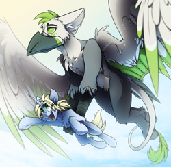 Size: 3340x3263 | Tagged: source needed, safe, artist:ralek, oc, oc only, oc:art's desire, oc:ralek, griffon, pony, unicorn, carrying, cute, flying, high res, holding a pony, large wings, leonine tail, open mouth, simple background, size difference, sky, talons, tongue out, wings