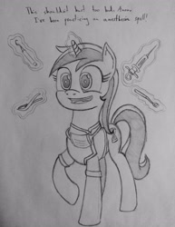 Size: 2448x3166 | Tagged: artist needed, safe, minuette, pony, unicorn, /mlp/, clothes, dentist, dialogue, female, grayscale, levitation, magic, mare, monochrome, open mouth, solo, telekinesis, traditional art