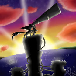 Size: 720x721 | Tagged: safe, artist:florarena-kitasatina/dragonborne fox, pony, black foreground, cloud, crossover, erased dialogue, island, not sure if ponified, ocean, solo, spoilers for a game, stars, sunset, telescope, watermark, windswept mane, wires, world of goo