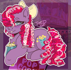 Size: 776x767 | Tagged: safe, artist:jadedmelody613, earth pony, pony, g1, bow, caramel crunch, cheek fluff, chest fluff, ear fluff, female, food, freckles, hair bow, looking at you, lying down, mare, popcorn, signature, solo, tongue out