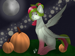 Size: 1024x768 | Tagged: safe, artist:celesterush, oc, oc only, oc:watermelana, pony, blank flank, gradient hooves, halloween, holiday, moon, night, pumpkin, sitting, solo