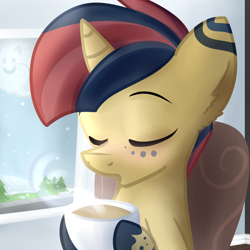 Size: 1024x1024 | Tagged: safe, artist:littleblackraencloud, oc, oc only, unicorn, chair, cloud, cup, ear fluff, eyes closed, food, hoof hold, indoors, male, snow, solo, tea, tree, window, winter