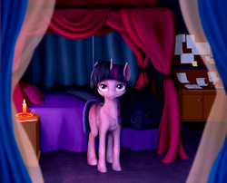 Size: 2100x1700 | Tagged: safe, artist:samum41, twilight sparkle, twilight sparkle (alicorn), alicorn, bed, bedroom, candle, curtains, desk, looking at you, realistic anatomy, solo