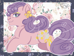 Size: 1024x768 | Tagged: safe, artist:jadedmelody613, earth pony, pony, g1, female, freckles, heart eyes, looking at you, lying down, mare, signature, smiling, solo, spring song, wingding eyes