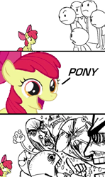 Size: 355x599 | Tagged: safe, apple bloom, human, pony, apple bloom's bow, argument, bow, clothes, comic, dialogue, exploitable meme, female, filly, hair bow, meme, nobody is right everybody is wrong, open mouth, rage comic, rage face, shirt, sitting, smiling, trollbait, yelling