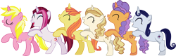 Size: 8123x2612 | Tagged: safe, artist:ironm17, cayenne, citrus blush, moonlight raven, pretzel twist, sunshine smiles, sweet biscuit, pony, unicorn, butt touch, conga, dancing, eyes closed, female, group, hoof on butt, mare, simple background, transparent background, vector