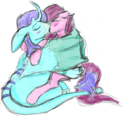 Size: 1119x1061 | Tagged: safe, artist:overlord pony, oc, oc only, dracony, earth pony, hybrid, kirin, pony, blushing, colored, cute, female, happy, hug, interspecies, kissing, lesbian, mare, oc x oc, shipping, simple background, sitting, sketch, transparent background, winghug, wings