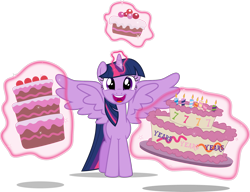 Size: 1998x1532 | Tagged: safe, artist:jp, derpibooru exclusive, twilight sparkle, twilight sparkle (alicorn), alicorn, cake, cute, food, happy, happy birthday mlp:fim, magic, mlp fim's seventh anniversary, simple background, solo, transparent background, twiabetes