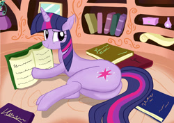 Size: 3035x2149 | Tagged: safe, artist:neoshrek, twilight sparkle, pony, unicorn, book, golden oaks library, high res, plot, prone, smiling, solo