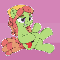 Size: 800x800 | Tagged: safe, artist:treekickerdraws, tree hugger, earth pony, pony, crossed legs, cutie mark, female, green fur, hippie, mare, pink background, purple eyes, simple background, sitting, smiling