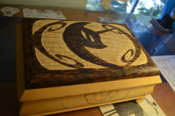 Size: 4928x3264 | Tagged: safe, nightmare moon, box, halloween, holiday, irl, nightmare night, nightmare night symbol, photo, pyrography, traditional art, wip, woodwork