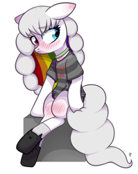 Size: 1018x1278 | Tagged: safe, artist:starrcoma, oc, oc only, earth pony, pony, blushing, clothes, female, heterochromia, looking away, mare, shy, simple background, sitting, socks, solo, white background