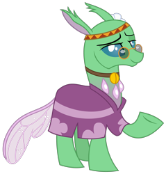 Size: 2991x3131 | Tagged: safe, artist:sketchmcreations, free love (changedling), changedling, changeling, to change a changeling, clothes, flower, flower in hair, glasses, headband, hippieling, lidded eyes, pince-nez, raised hoof, simple background, smiling, solo, transparent background, vector