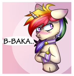 Size: 996x1022 | Tagged: safe, artist:starrcoma, oc, oc only, pony, unicorn, art trade, baka, bell, bell collar, blushing, choker, collar, crossed hooves, floppy ears, looking away, male, multicolored hair, solo, stallion