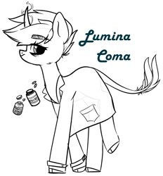 Size: 1318x1418 | Tagged: safe, artist:starrcoma, oc, oc only, oc:lumina coma, pony, unicorn, clothes, female, lab coat, mare, monochrome, sketch, solo