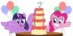 Size: 12464x6176 | Tagged: safe, artist:kuren247, pinkie pie, twilight sparkle, twilight sparkle (alicorn), alicorn, earth pony, pony, absurd resolution, balloon, birthday candles, cake, candle, food, happy birthday mlp:fim, mare, mlp fim's seventh anniversary, simple background, smiling, transparent background, vector