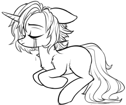 Size: 1110x926 | Tagged: safe, artist:starrcoma, oc, oc only, pony, unicorn, black and white, chest fluff, crying, eyes closed, grayscale, lineart, monochrome, prone, shoulder fluff, simple background, solo, white background