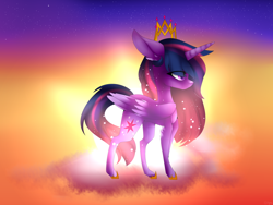 Size: 1024x768 | Tagged: safe, artist:hyshyy, twilight sparkle, twilight sparkle (alicorn), alicorn, pony, chibi, cloud, solo, twilight (astronomy)