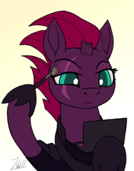 Size: 600x764 | Tagged: safe, artist:zoarvek, tempest shadow, unicorn, my little pony: the movie, armor, broken horn, brush, cute, eye scar, eyeshadow, female, hoof hold, makeover, makeup, mare, out of character, pretty pony, pretty pretty tempest, pun, scar, simple background, solo, tempestbetes, white background