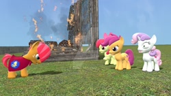 Size: 1024x576 | Tagged: dead source, safe, artist:scootabounce12-mlp, apple bloom, babs seed, scootaloo, sweetie belle, 3d, cutie mark crusaders, fire, gmod