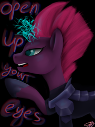 Size: 3000x4000 | Tagged: safe, artist:markesto, tempest shadow, unicorn, my little pony: the movie, armor, black background, broken horn, female, mare, open mouth, open up your eyes, simple background, solo
