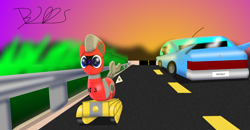 Size: 2000x1042 | Tagged: safe, artist:trackheadtherobopony, oc, oc only, oc:trackhead, pony, robot pony, car, highway, solo