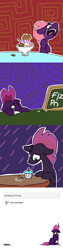 Size: 1280x5120 | Tagged: safe, artist:pencilbrony, fizzlepop berrytwist, tempest shadow, pony, unicorn, my little pony: the movie, abstract background, ask, broken horn, candle, chalk, chalkboard, comic, crying, cupcake, cute, female, food, hnnng, ice cream, mare, pocky, post traumatic stress disorder, ptsd, sad, tumblr