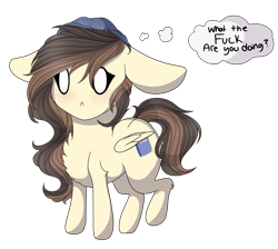 Size: 3839x3439 | Tagged: safe, artist:crazllana, oc, oc only, oc:leia, pegasus, pony, chibi, female, floppy ears, high res, mare, simple background, solo, thought bubble, transparent background, vulgar