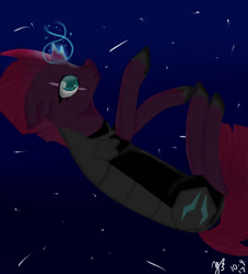 Size: 980x1080 | Tagged: safe, artist:midnightwolf90247, tempest shadow, pony, unicorn, my little pony: the movie, armor, broken horn, eye scar, falling, female, glowing horn, horn, mare, night, scar, solo, sparking horn, stars