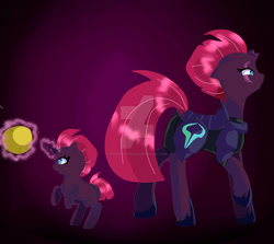 Size: 1280x1143 | Tagged: safe, artist:necrokittymancer, fizzlepop berrytwist, tempest shadow, pony, unicorn, my little pony: the movie, armor, ball, blank flank, broken horn, duality, eye scar, female, filly, mare, scar, solo, time paradox, watermark, younger