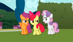 Size: 2560x1476 | Tagged: safe, screencap, apple bloom, scootaloo, sweetie belle, earth pony, pegasus, pony, unicorn, the return of harmony, angry, argument, cutie mark crusaders, female, filly, trio