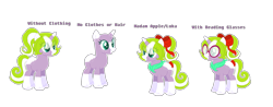 Size: 1730x680 | Tagged: safe, artist:nikkitatheanimefan, oc, oc only, oc:madam apple, pony, unicorn, bald, bow, female, glasses, hair bow, mare, reference sheet, simple background, solo, transparent background