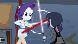 Size: 1280x720 | Tagged: safe, artist:amante56, rarity, sci-twi, twilight sparkle, equestria girls, block, crossover, dark jedi, darth midnight, dual wield, duel of the fates, element of generosity, elements of harmony, jedi, lightsaber, sith, star wars, sword fight, twilight is anakin, weapon