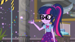 Size: 1280x720 | Tagged: safe, screencap, sci-twi, twilight sparkle, better together, equestria girls, school of rock, clothes, female, glasses, ponytail, skirt, smiling, solo