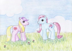 Size: 1024x721 | Tagged: safe, artist:normaleeinsane, pony, g3, boogie woogie, duo, hokey pokey, traditional art