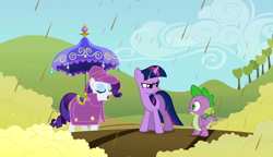 Size: 2560x1476 | Tagged: safe, screencap, rarity, spike, twilight sparkle, unicorn twilight, dragon, pony, unicorn, the return of harmony, chocolate, chocolate rain, food, hat, popcorn, rain, raincoat, saddle, saddle umbrella, tack, umbrella