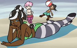 Size: 1830x1131 | Tagged: safe, artist:/d/non, oc, oc only, oc:abacus, oc:asha, oc:warren, satyr, beach, beach ball, bikini, clothes, female, male, parent:cheerilee, parent:trouble shoes, parent:zecora, swimsuit