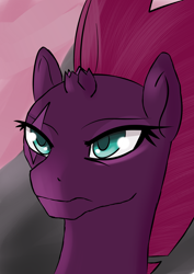 Size: 2480x3507 | Tagged: safe, artist:rengam, tempest shadow, pony, unicorn, my little pony: the movie, broken horn, bust, eye scar, female, frown, glare, mare, portrait, scar, simple background, solo, tempest shadow is not amused, unamused